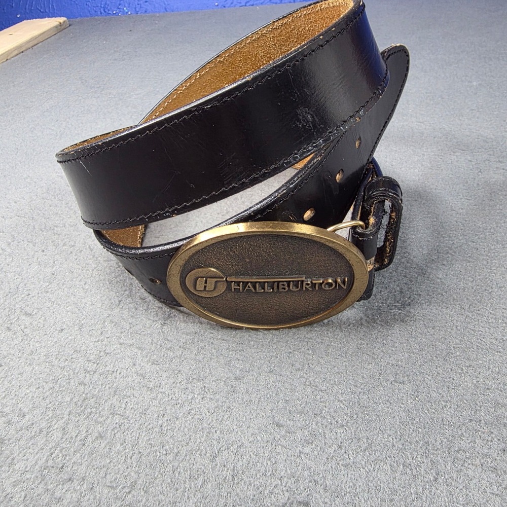 Vintage Halliburton Oil Gas Promo Belt Black Full Grain Leather Brass Buckle 38